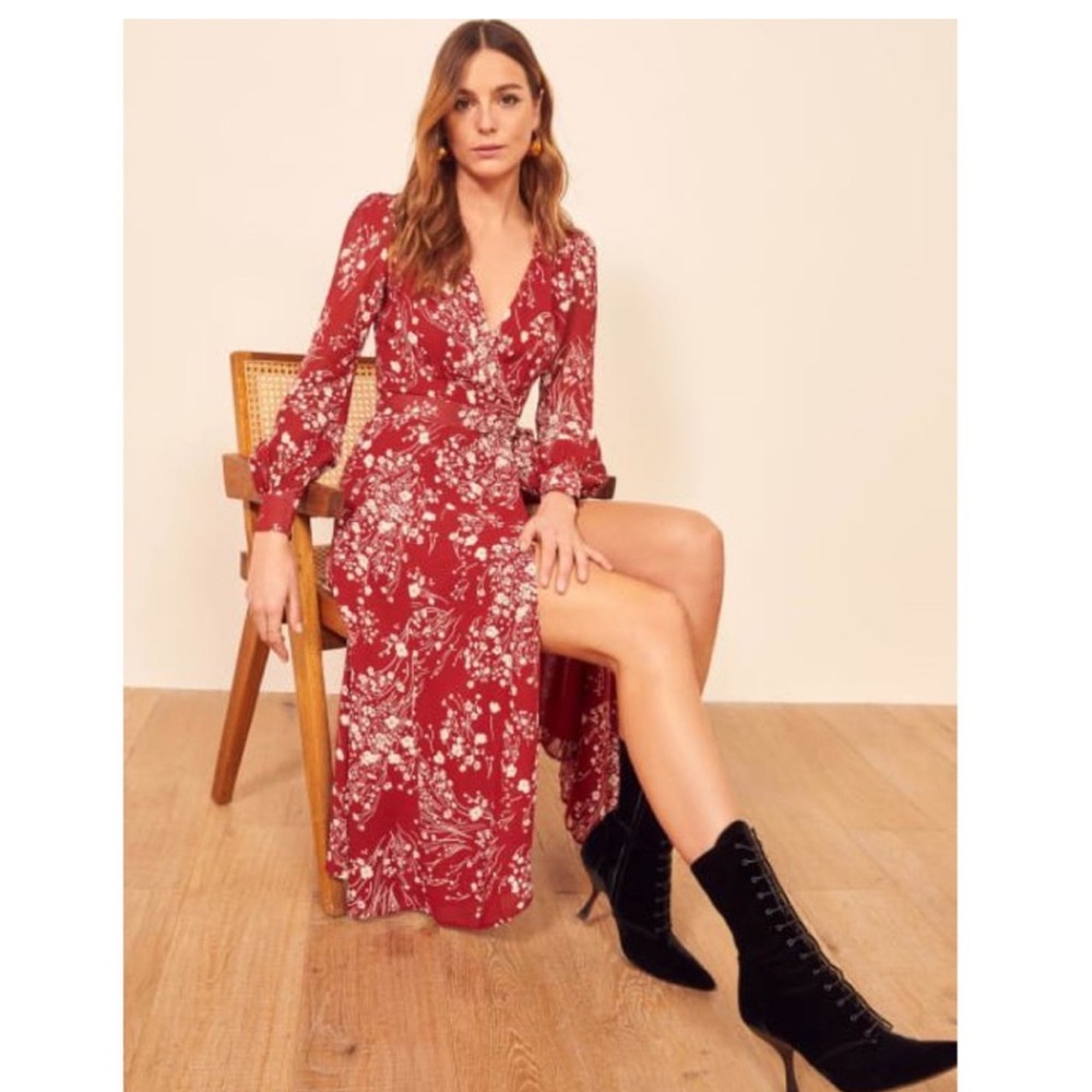 Reformation Burgundy Floral Long Sleeve Dress